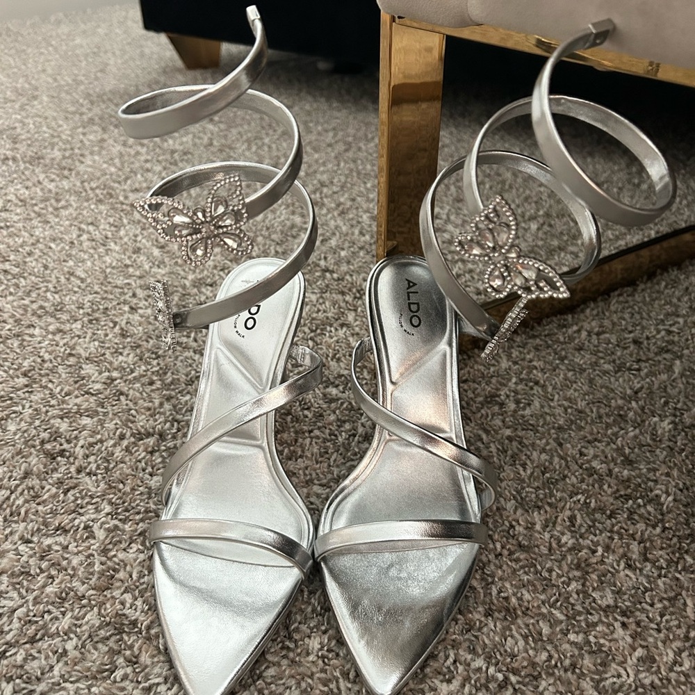 Aldo Silver Spiral Heels with Butterfly Detail